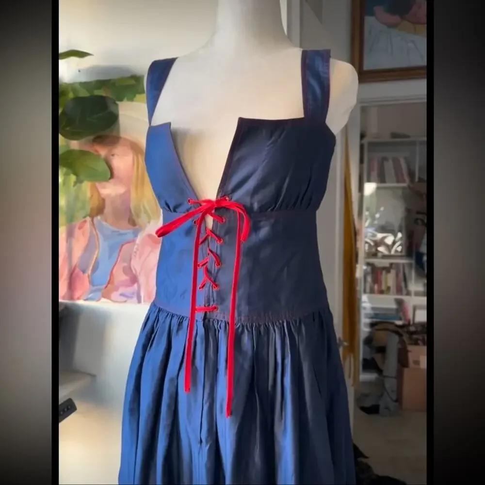 70s Givenchy Navy Dress with Red Lace-Up Corset Empire Bustier Accent - Picture 11 of 11